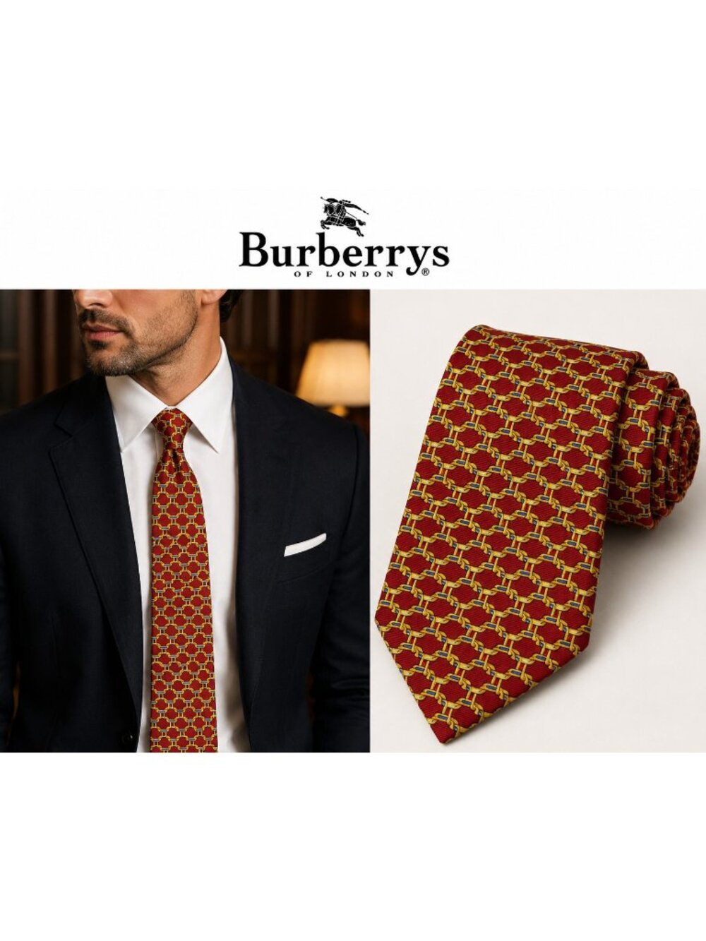 Vintage Burberrys London 100% Silk Red Gold Blue Geometric Chain Tie USA
